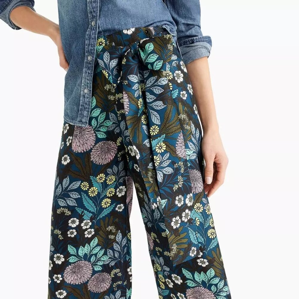 J.Crew x Abigail Borg 100% Silk Dark Floral Wide-leg Pants